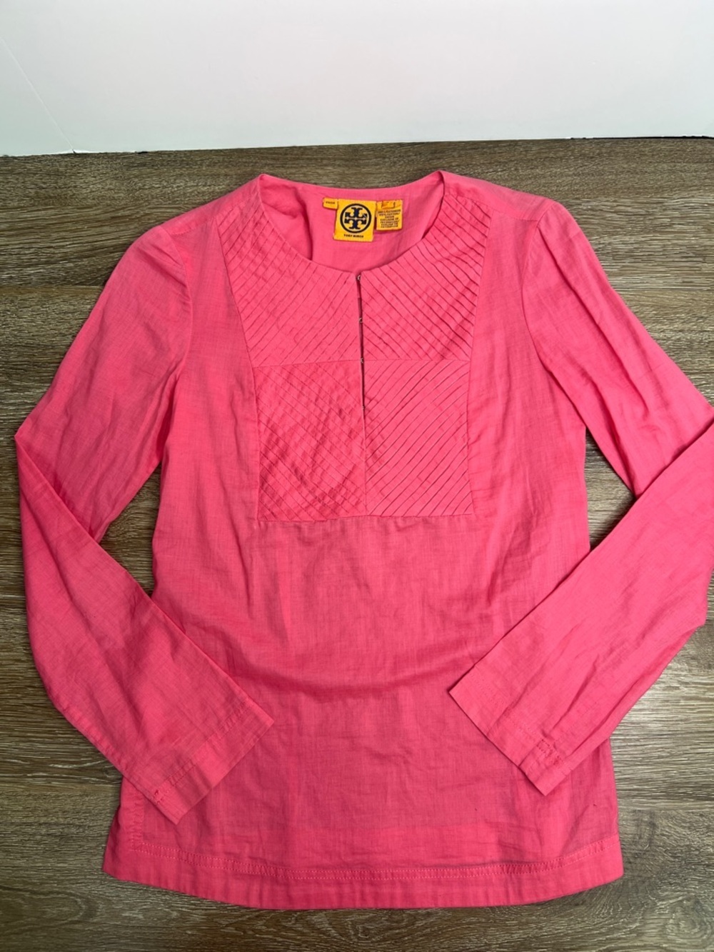 Tory Burch Pintuck Bib Blouse Pink Long Sleeve Cotton Top Size 2